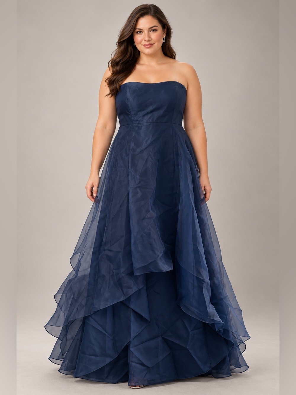 Bari Jay Size 16 Navy Blue Strapless Cascading Ruffle Formal Gown Prom Dress.